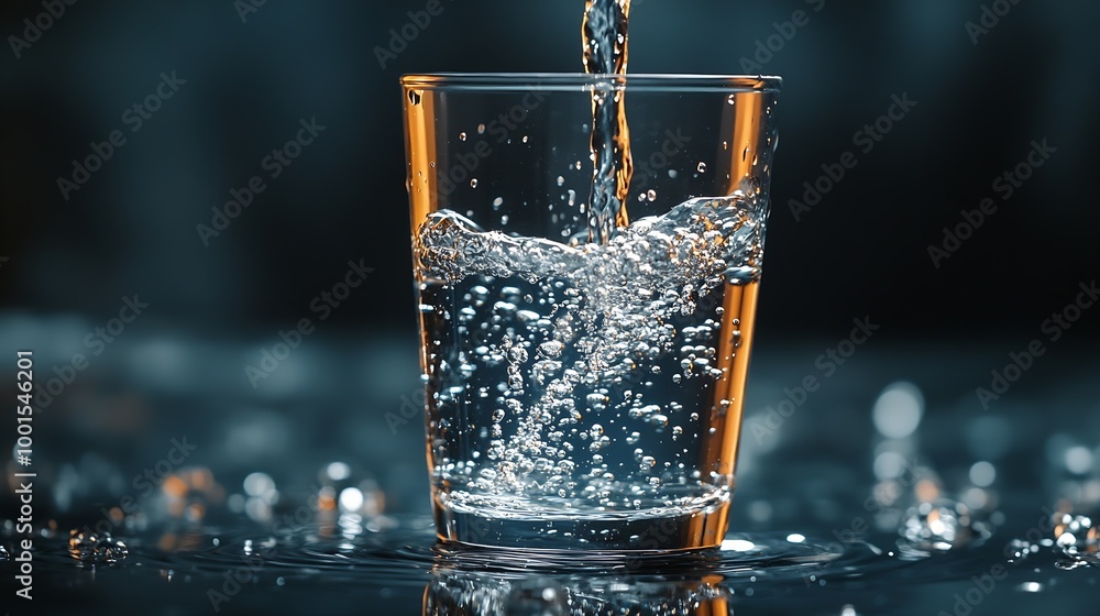 Poster pouring drinking water in a transparent glass isolated on abstract background with glass table water