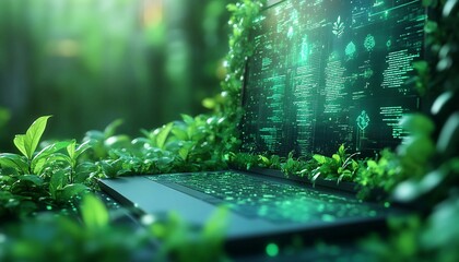 Obraz premium Sustainable Project Planning, green digital workspace where project tasks grow like plants in a futuristic garden.