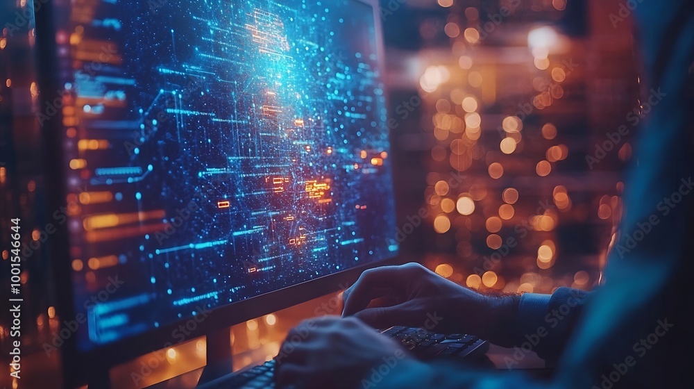 Poster Data science business intelligence Business man using computer devices with internet global network technology and big data cloud computing AI software development digital technology : Generative AI