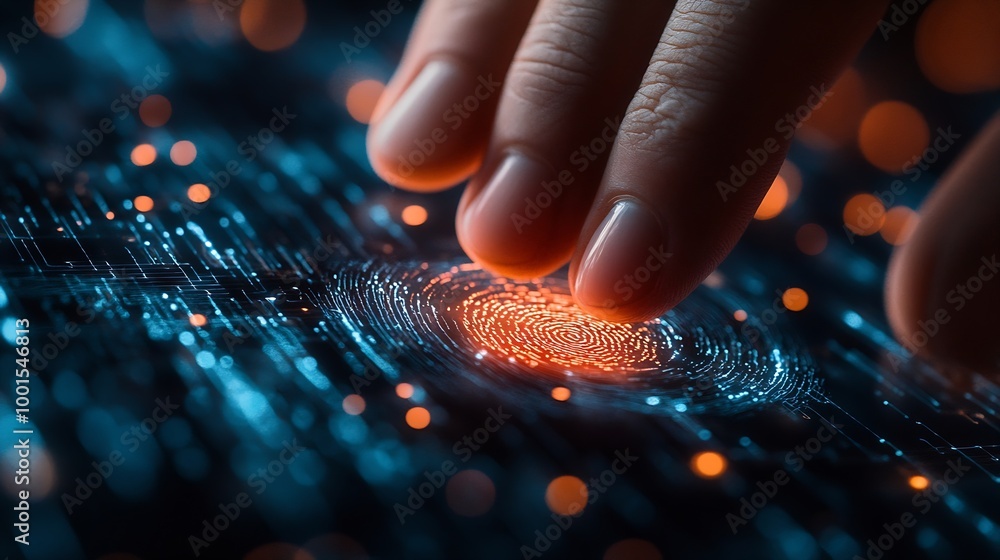 Poster Businessman access scan fingerprint biometric identity and approval Secure access granted by valid fingerprint scan cyber security on internet cybernetic business concept : Generative AI