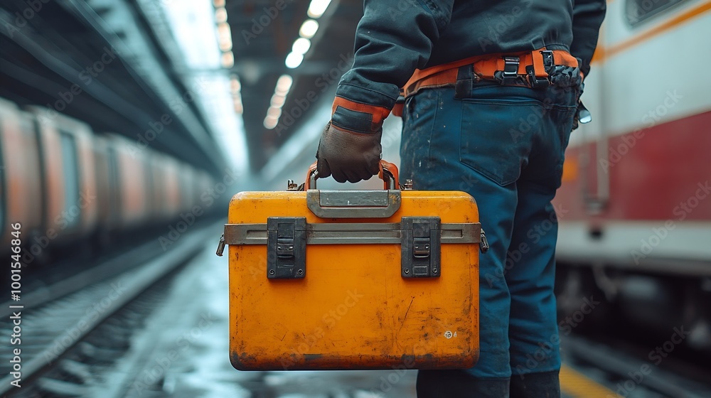 Fototapete back technician or engineer holding tool box for fixing the train at construction site : generative 