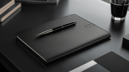 Elegant black notebook and pen at a sleek modern desk in a professional office workspace