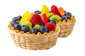 Sweet fruit tarts nestled in a woven vase basket isolated on transparent background