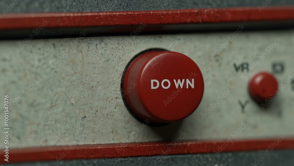 Poster close-up of red 'down' button on a control panel.