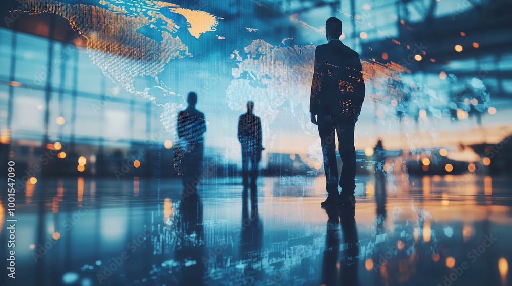 Poster businessmen standing in modern lobby with world map and data visualization overlay