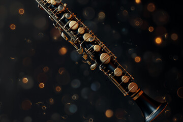 Elegant black clarinet with golden keypads and bokehs in a classical concert symphony