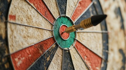 Business target on a dartboard with a dart just hitting the center, illustrating precise achievement