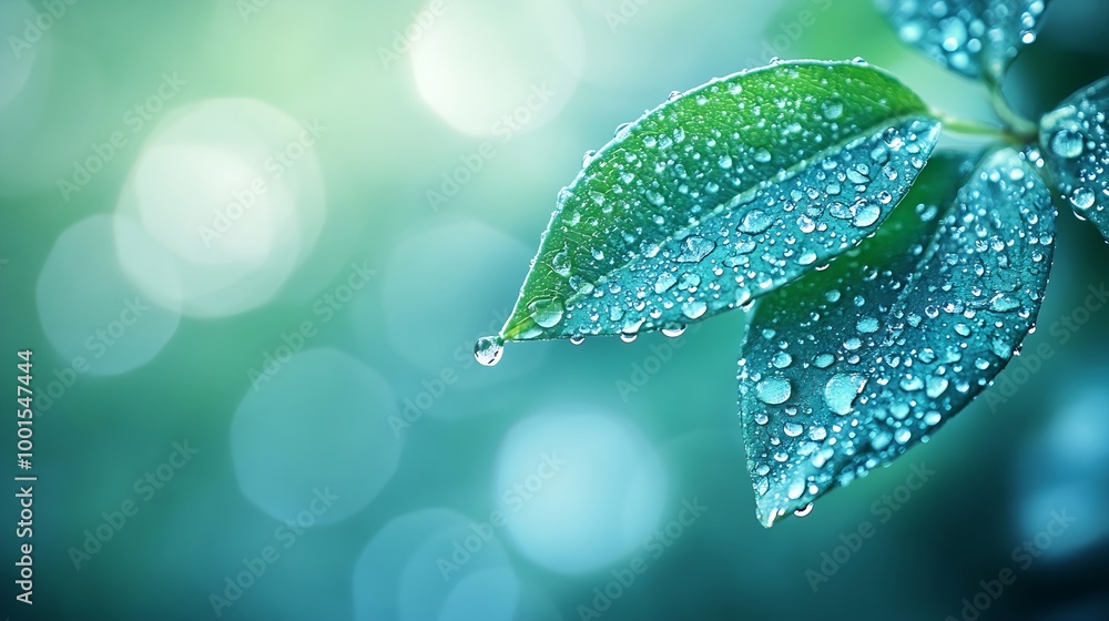Wall mural large drop water reflects environment nature spring photography raindrops on plant leaf background i