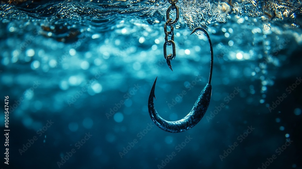Poster login information attached to large hook in clear blue water phishing scam concept : generative ai