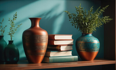 Three vases with sprigs of greenery sit on a wooden shelf, illuminated by the sun