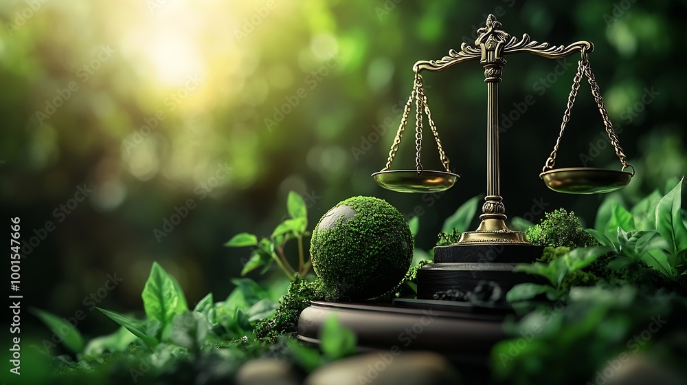 Wall mural environment law green world and gavel with scales of justice on the green law for principles of sust