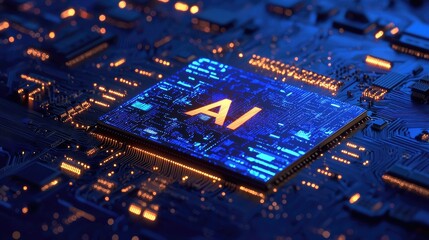 Text "AI" on circuit board with blue and gold lighting