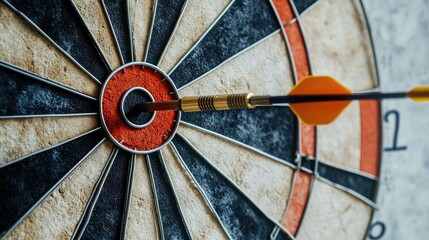 Business target on a realistic dartboard with a dart in the bullseye, showcasing effective goal setting