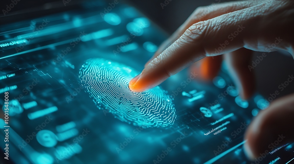 Poster Biometric security network privacy data protection man fingerprint identification touch screen to access personal financial data mobile banking app cybersecurity technology : Generative AI