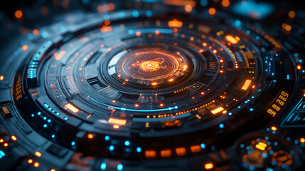 Futuristic cyberpunk technology with a holographic circuit and digital neon interface in high-tech scene