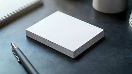 A clean and modern business card template with geometric shapes, placed on a dark desk with a pen and notebook in view. 