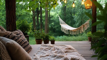 A wooden deck with a hammock and a white blanket draped over it. The hammock is hanging from a tree and the blanket is spread out on the deck. The scene is peaceful and relaxing