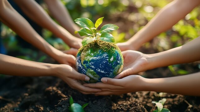 World environment day with global community teamwork a group of volunteers joining hands together concept People join for cooperation success sustainable development goal teamwork and  : Generative AI