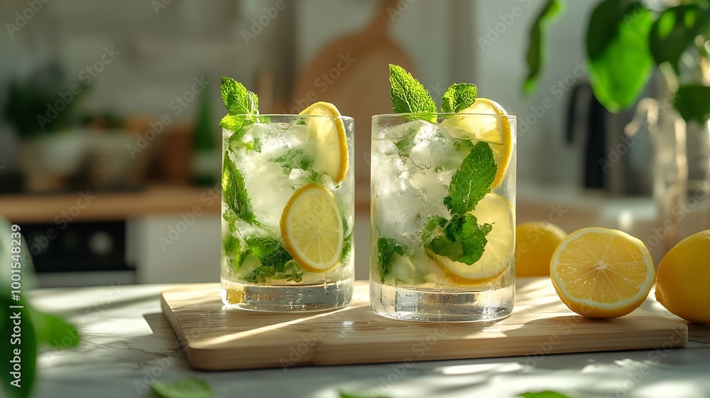 Poster two glasses of mojito cocktail or tonic with lemon lime mint and ice on a wooden board summer concep