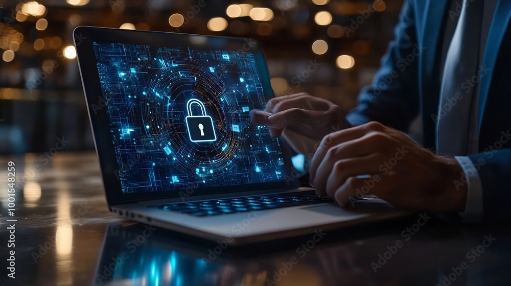 Leinwandbilder Cyber security network Data protection concept Businessman using laptop computer and digital tablet with padlock on network security technology with cloud computing data management cyb : Generative AI