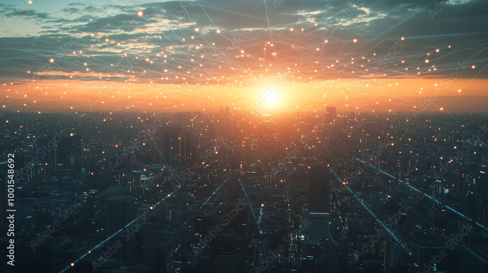 Aufkleber Futuristic city skyline at sunset with glowing interconnected buildings and network of lines and nodes