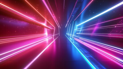 Abstract neon light lines intersecting in a dark room with a glowing effect.
