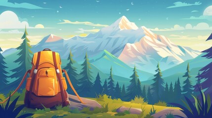 Time to hike banners, hiking camping adventure concept with backpack, stuff and equipment. Travel trip, outdoors expedition journey, tourism recreation, cartoon modern illustration.
