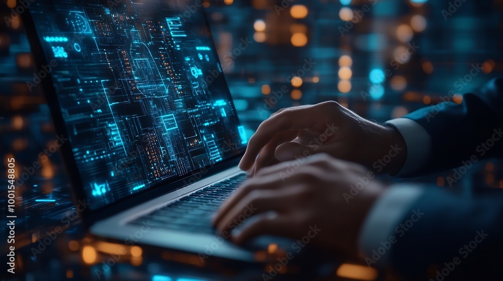 Leinwandbilder cyber security network data protection concept businessman using laptop computer with biometric iden
