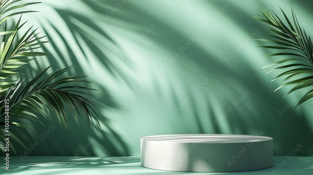Aufkleber Minimal abstract background for the presentation of a cosmetic product Empty premium podium with a shadow of tropical palm leaves on a green background Showcase display case : Generative AI