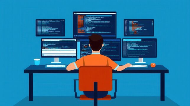 Programmer at work with multiple screens, code editor, flat design illustration