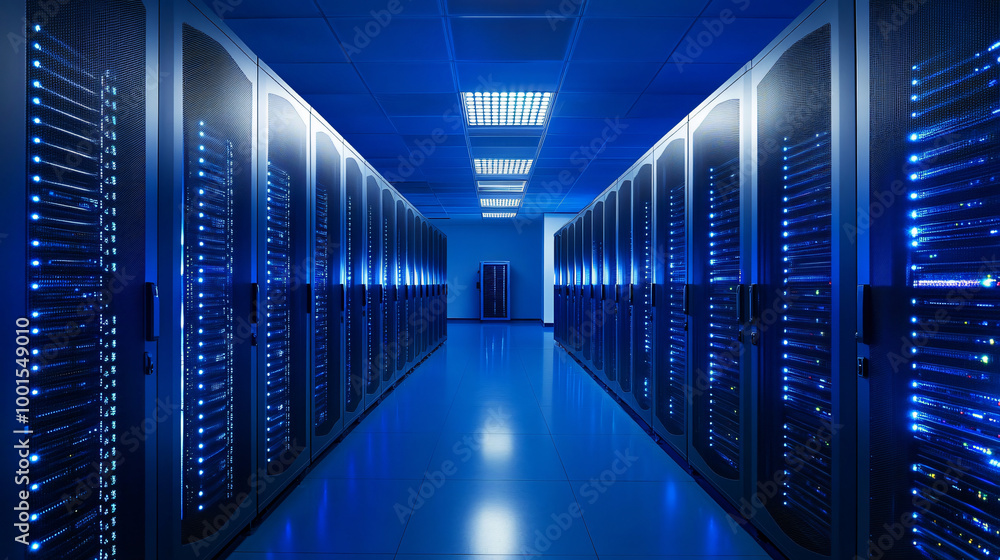 Poster rows of network servers are storing and processing data in a modern datacenter with blue lights