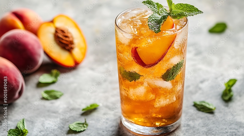 Poster refreshing peach iced mint tea the concept of a healthy homemade cold summer drink in a tall glass o