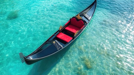 Obraz premium A sleek black gondola with luxurious red seating floats on clear turquoise water, perfect for romantic travel themes