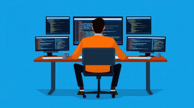 Programmer at work with multiple screens, code editor, flat design illustration