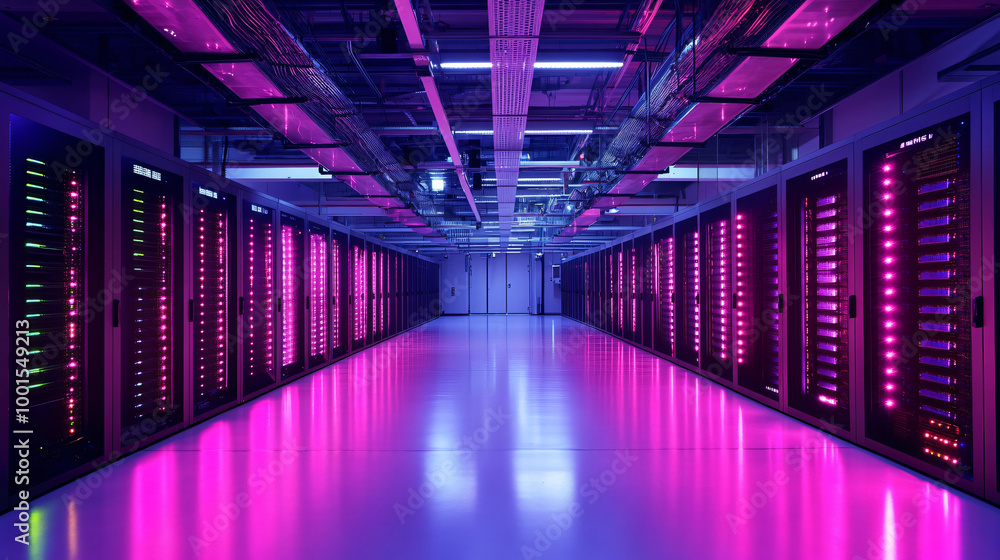 Poster advanced data center featuring server racks and illuminated lights for a futuristic ambiance
