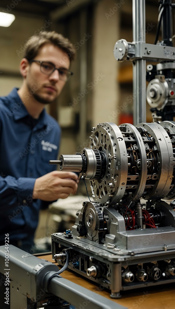 Poster collaborative engineers fine-tuning robot motors and gears.