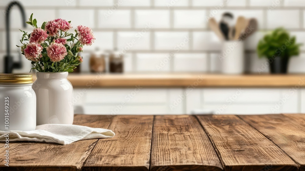 Wall mural a wooden table with two vases of flowers and a white cloth on it. the table is in a kitchen