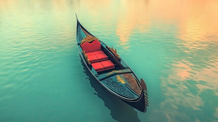 Obraz premium A sleek black gondola with ornate red seats and gold detailing floats peacefully on turquoise water under a pastel sky,