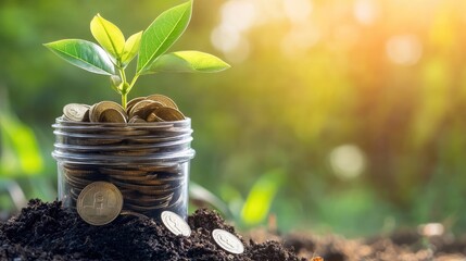 A plant pot filled with coins and a sprouting plant, symbolizing the benefits of financial saving and growth