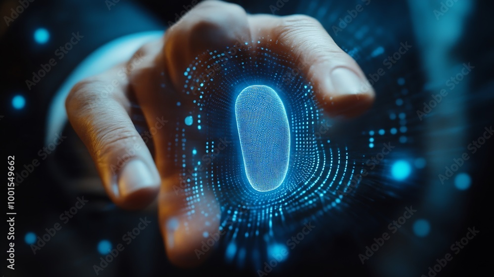 Aufkleber Cyber security online banking data protection Businessman using fingerprint indentity and face id to access personal financial data biometrics security on mobile banking app innovation : Generative AI