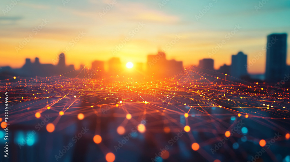 Poster Network of illuminated dots and lines over a blurred cityscape at sunset, representing global connection and technology