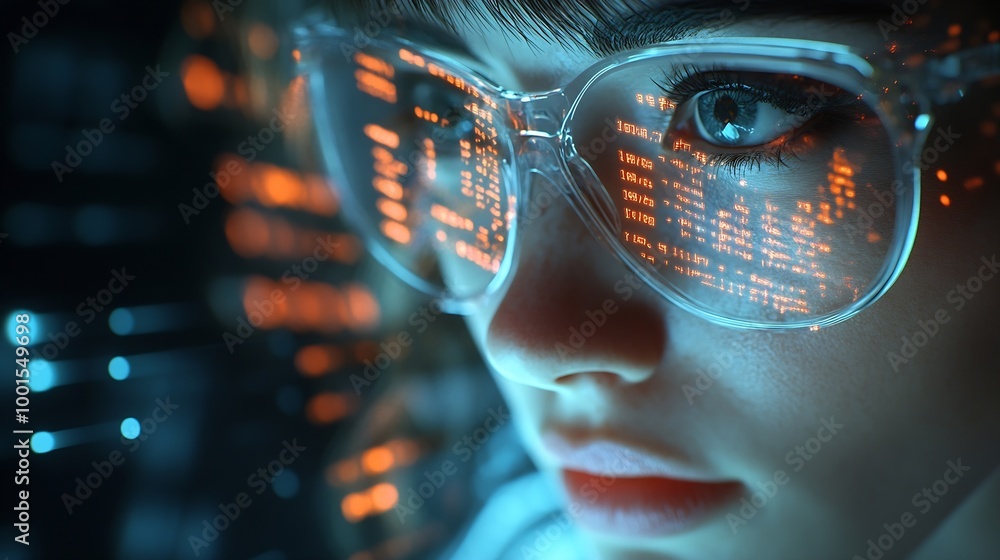 Poster Software data hologram and woman with code analytics information technology and gdpr overlay Programmer coding or IT person in glasses reading html script programming and cyber securit : Generative AI