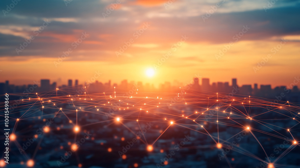 Poster futuristic city skyline at sunset connected by a glowing network, symbolizing modern technology and 