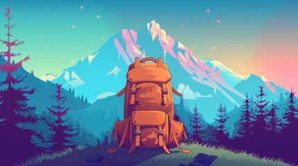 Fototapeta premium Time to hike banners, hiking camping adventure concept with backpack, stuff and equipment. Travel trip, outdoors expedition journey, tourism recreation, cartoon modern illustration.