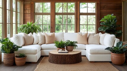 A living room with a white couch and a coffee table. The couch is a sectional and has a brown pillow on it. There are several potted plants in the room, including one on the coffee table