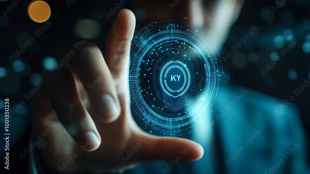 Poster Know your customer KYC concept Businessman touching identity verification symbol for Increase financial security and access personal financial data Biometrics security : Generative AI