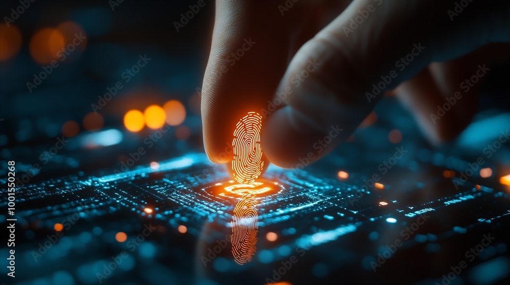Poster businessman using fingerprint identification to access personal financial data idea for ekyc electro