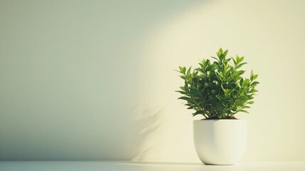 A single green plant in a minimalist white flowerpot on a clean, soft-toned background, showcasing elegance and freshness
