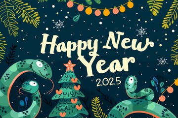 Fototapeta premium A colorful poster with a snake and a star on it that says Happy New Year 2025