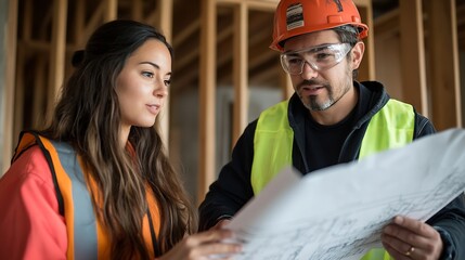 Obraz premium Young woman architect explaining blueprint to supervisor wearing safety vest at construction site Mid adult contractor holding blueprint and understanding manager vision at constructio : Generative AI
